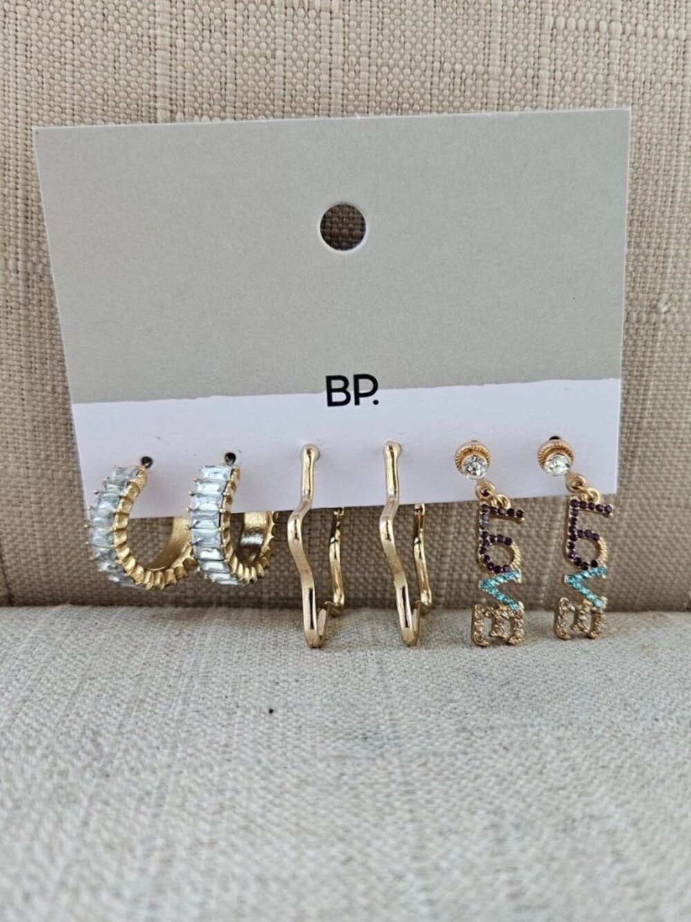 BP. Nordstrom Women Earrings Fashion Jewelry LOVE Gold Tone Hoop Set of 3 NWT